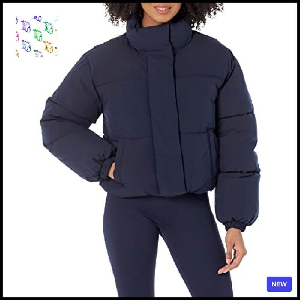 Cropped Full-Zip Puffer Jacket Winter Warm Stand Collar Chic Minimal - Picture 2 of 8